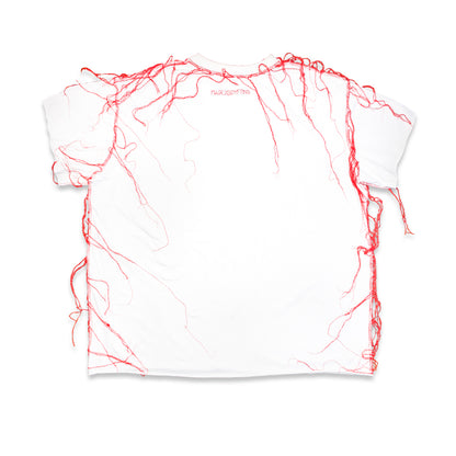 Upcycled thready "Red .1" oversized white T-shirt