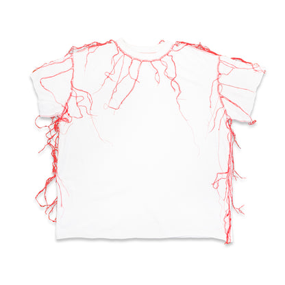 Upcycled thready "Red .1" oversized white T-shirt